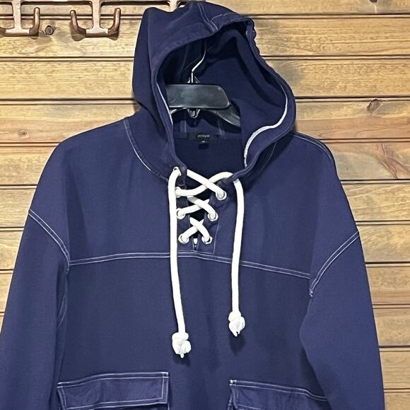J Crew Lace-up Navy Blue Hoodie Pockets Size M Layers Boho Warm Nautical Beachy - Picture 3 of 13